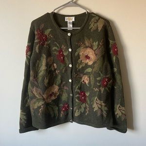 Talbots Green Floral Lambswool Button Cardigan